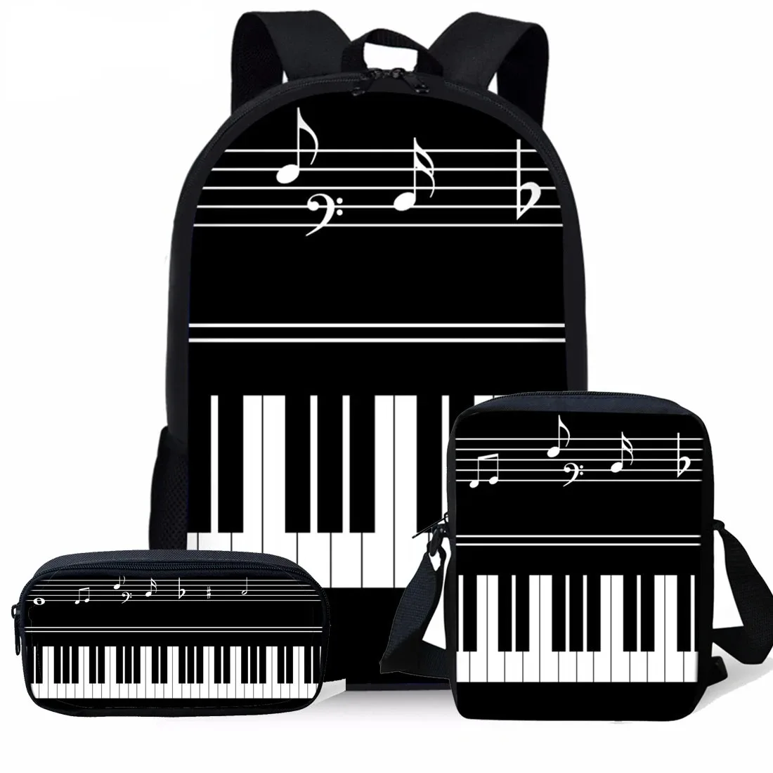 

3D Print School Bags with sloping shoulder bag,laptop backpack,backpack,pencil case,piano keyboard,musical notes,harajuku,3PCs