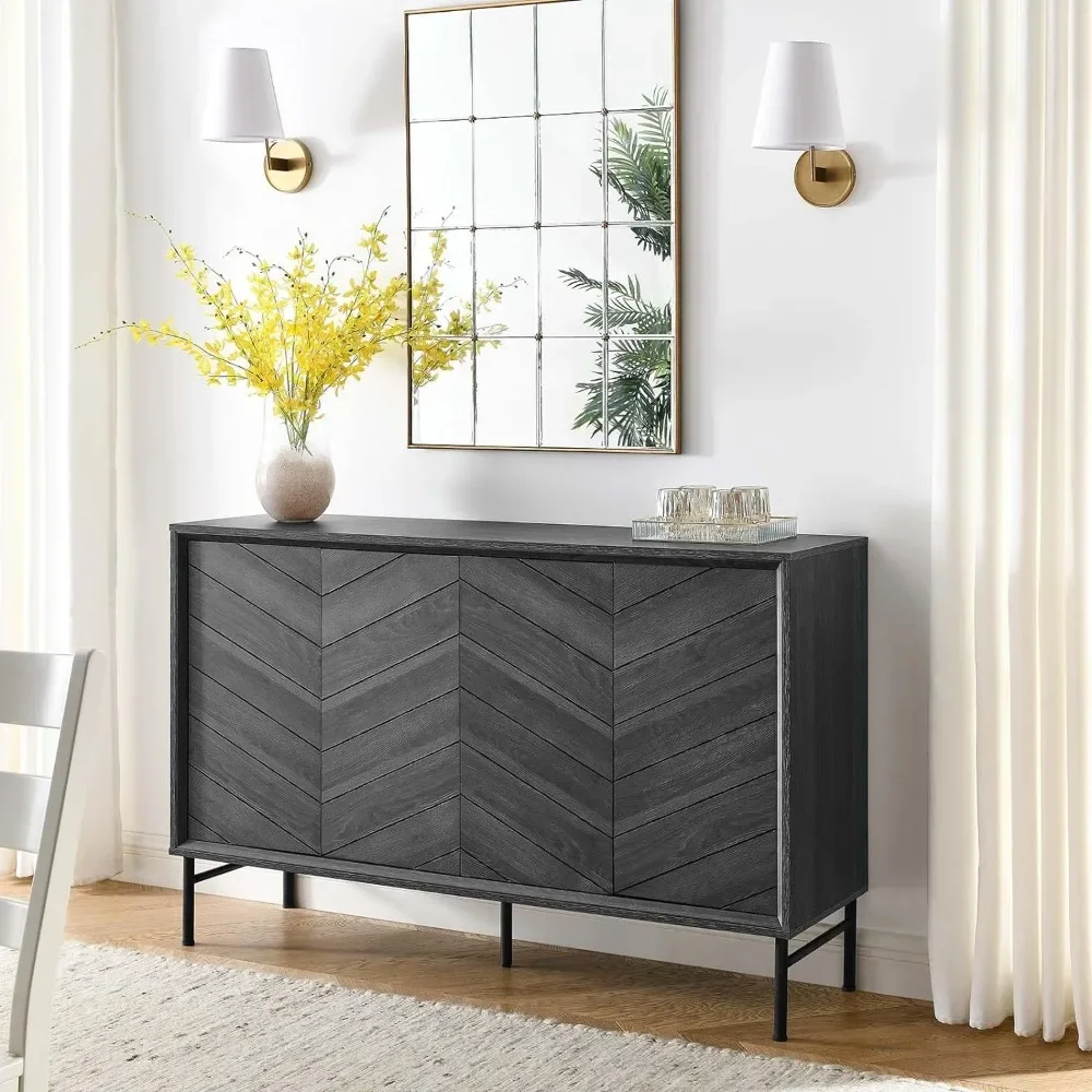 Harper Modern Wood Grain Chevron Design Sideboard Storage Cabinet in Black Kitchen Cabinets Living Room Furniture Home Credenza