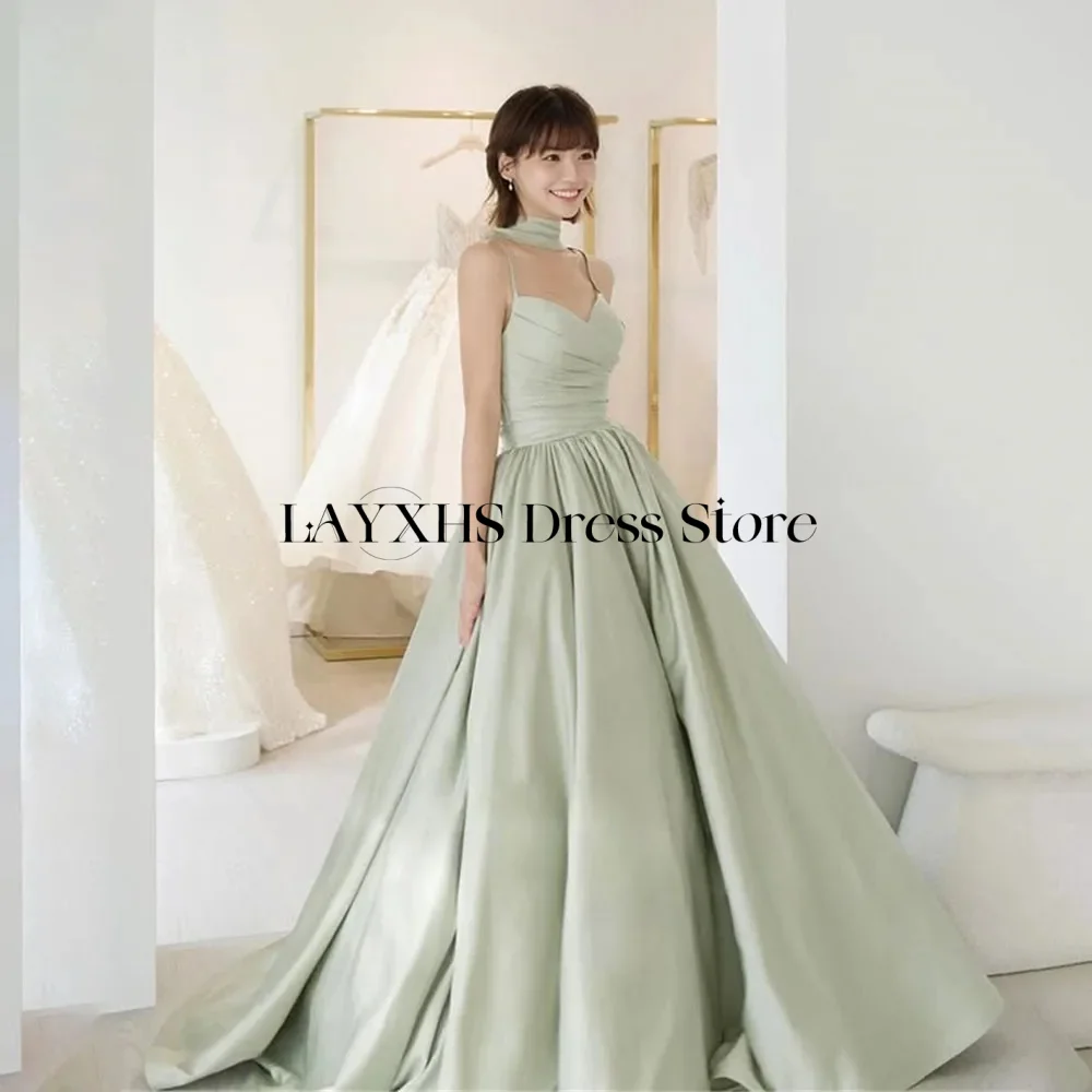 

Mint Green Princess Korea Evening Dresses A Line Spaghetti Straps Pleat Satin Wedding Photo shoot Corset Prom Gowns Customized