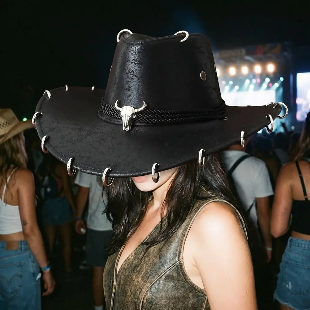 Shadow Hat Wide Brim Western Cowboy Hat Pu Leather Ethnic Style Panama Cap Solid Color Punk Cowgirl Cap Ladies