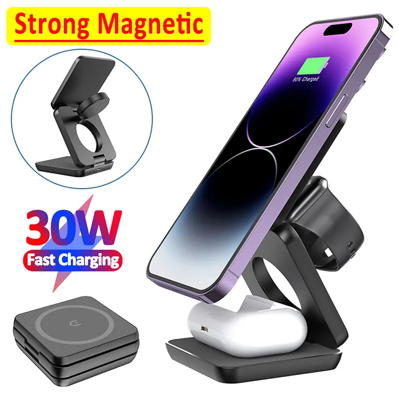 30W 3 in 1 Magnetic Wireless Charging Station For Apple Watch 7 6 Samsung Galaxy Watch 6 5 4 Active 2 For iPhone Samsung Charger