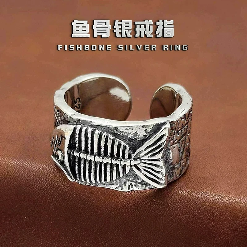 Vintage Fishbone Open Ring, Punk Minimalist Style, Trendy Jewelry for Men & Women