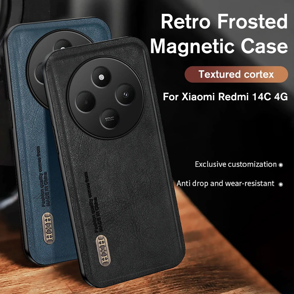 Redmi14C Case Magnetic Holder Retro Leather Texture Phone Cover For Xiaomi Redmi 14C 14 C C14 Redmi14C 4G Camera Protector Shell