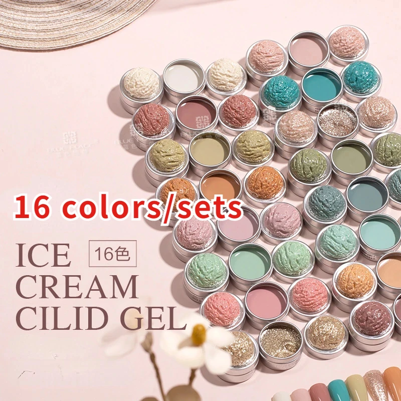 16 Colors/set 64 Colors Solid Nail Polish Gel Ice Cream Textured Nail Glue Mixed with Gradient Paint Fill Glue Cans