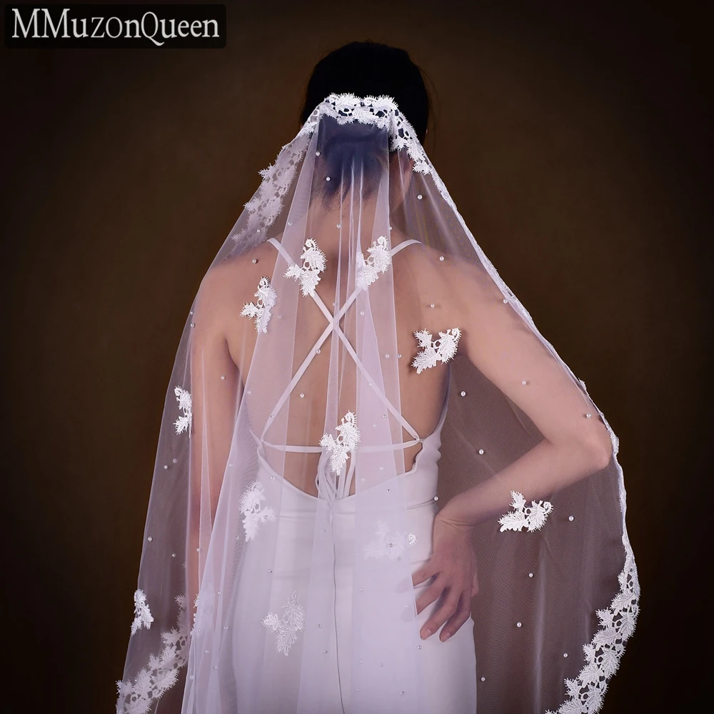 MMQ M10 Lace Cathedral Wedding Veil Handmade Long Trailing Beaded Bridal Veil One Layer Soft Tulle Yarn No Comb