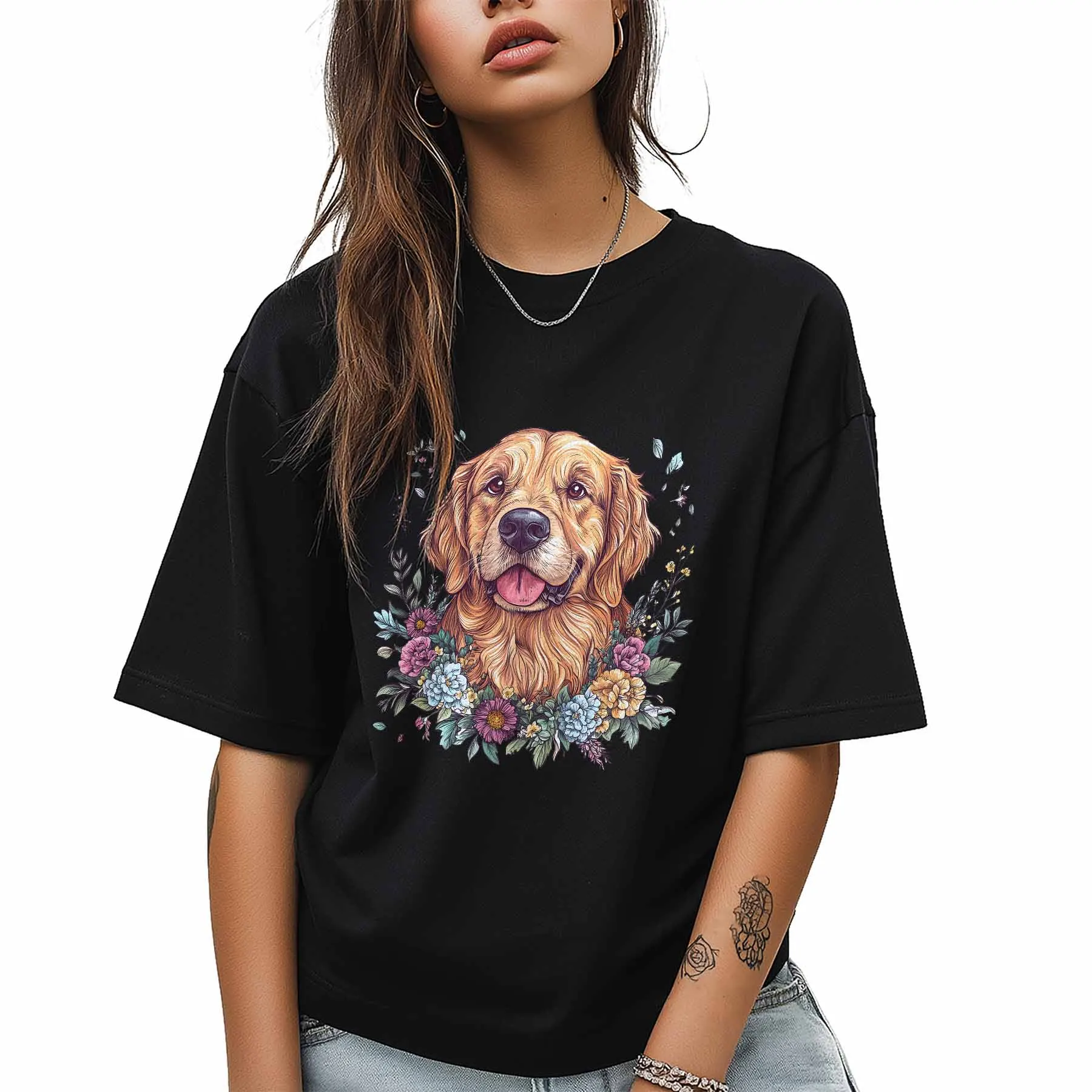 Womens T-Shirt Graphic Golden Retriever Flowers Plant Cotton Top Short Sleeve Fashion Basic Casual Tee