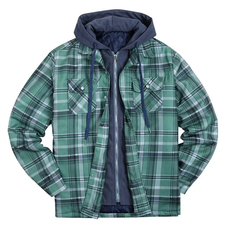 Winter jacke Männer Plaid Print Langarm Kapuze gefälschte zwei Mäntel Mode Streetwear große Ropa de Hombre Oberbekleidung Tops