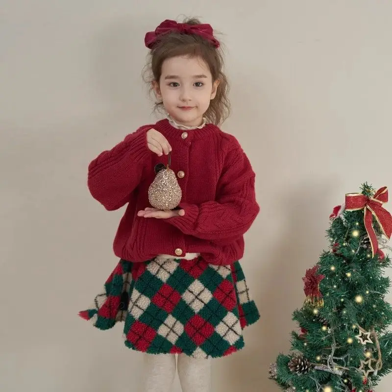

Winter Sets Thick Kids Clothes Childrens Princess 2Pcs Suit Red Baby Girls Sweet Christmas Party Cardigan Sweater+Short Skirt