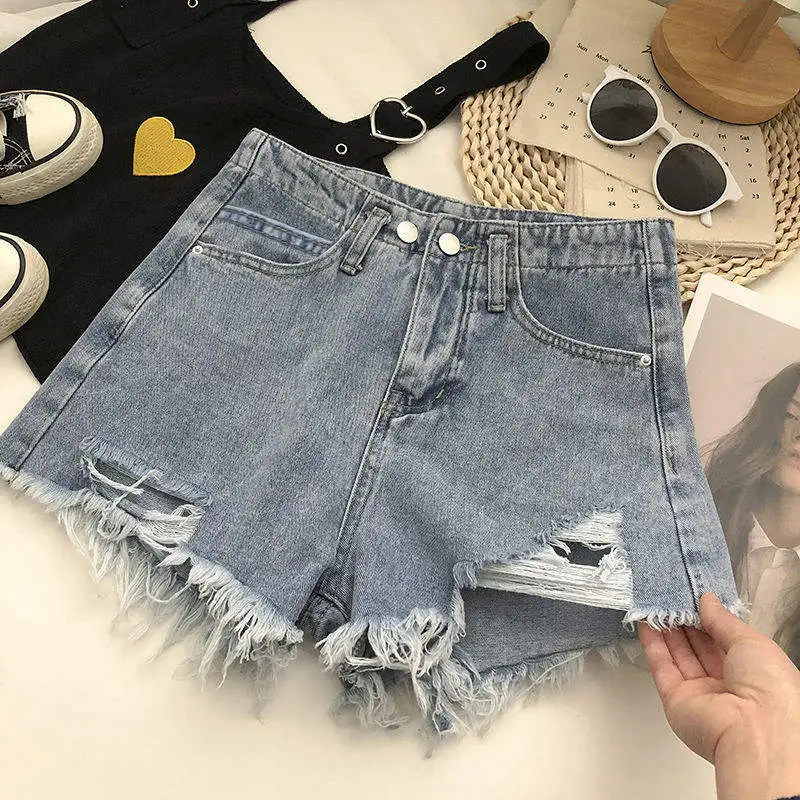 

High Waist A-Line Denim Shorts Women's Summer Thin Style INS Hole Loose Slimming Large Size Frayed Hot Pants Trendy