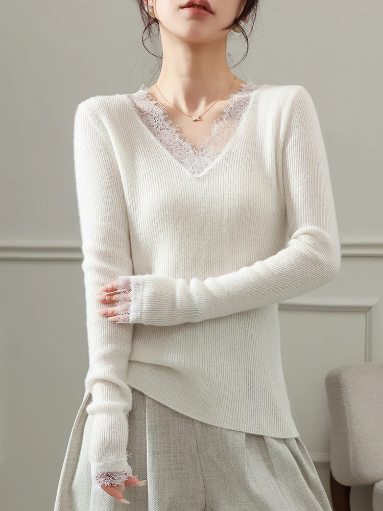 Choice Women Spring Autumn Sweater V-Neck Long Sleeve Pullover 100% Merino Wool Solid Slim Knitwear Female Clothing Grace Tops