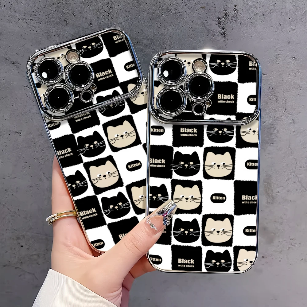 Black Wtitle Check Cat Cute For iPhone 11 12 13 14 15 16 Pro Plus Max Electric Ferry Large Window Case