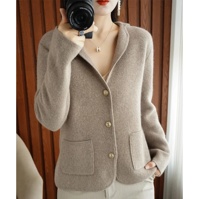 Autumn and Winter 2022 New Cashmere Sweater Women\'s South Korean Suit Sweater Coat Short Thickened Top 100% Merino Wool Cardigan