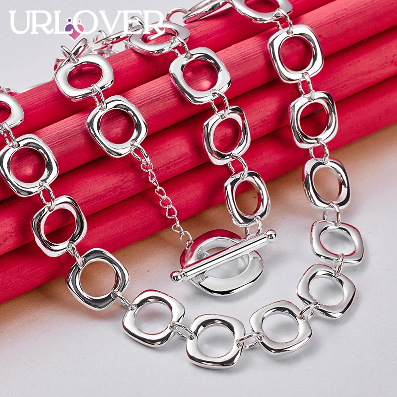 URLOVER 925 Sterling Silver Square Multi-circle Link Chain Necklace For Women Engagement Wedding Fashion Jewelry Birthday Gifts