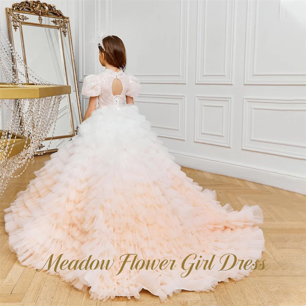 Meadow Floor Length Flower Girl Dress Feather Baby Kids Birthday Dress White To Blush Ombre Pageant Dress for Girl Customized