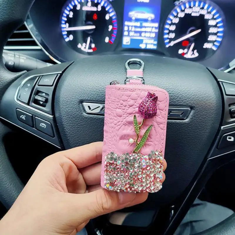 Luxury Flower Car Key Holder Storage Case Crystal Diamond Keychains Pochette Key Cover Remote Key Bag Wallet Funda Para Llave