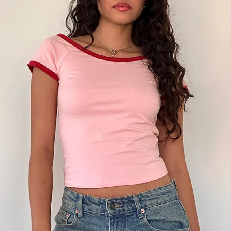 

Sexy Contrast Color Slim T Shirt Women Short Sleeves Bottoming Shirt Ladies Tee Shirt Tops Camisetas Mujer