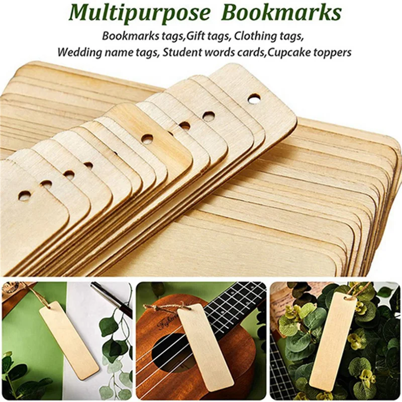 Solid 200Pcs Wooden DIY Bookmark Blank Bookmarks With Ropes Wooden Book Markers Rectangle Thin Hanging Tag