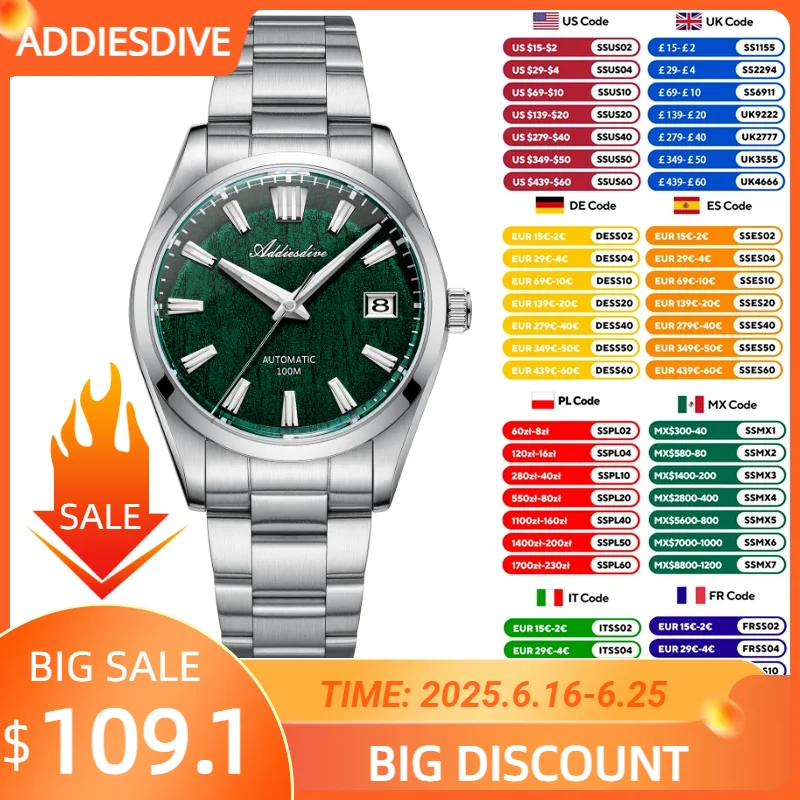 

ADDIESDIVE NEW Watches for Men Sapphire NH35 3D Bark Texture Dial Automatic Mechanical Watch Stainless Steel AD2075 reloj hombre