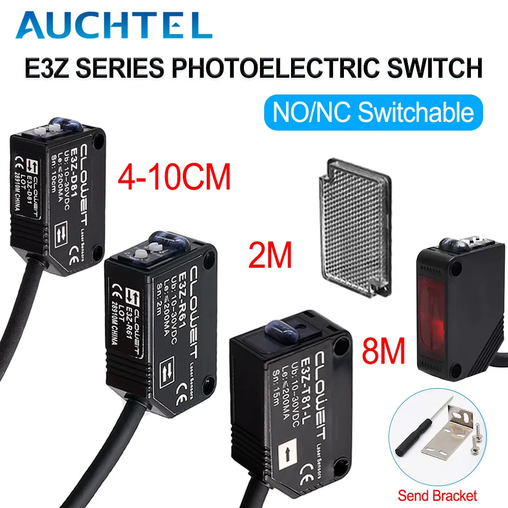 Sensor de Proximidade Fotoelétrico AUCHTEL E3Z D61 D81 D62 D82 T61 T81 com Detecção por Feixe Difuso de 10cm, 80cm, 2m, 5m