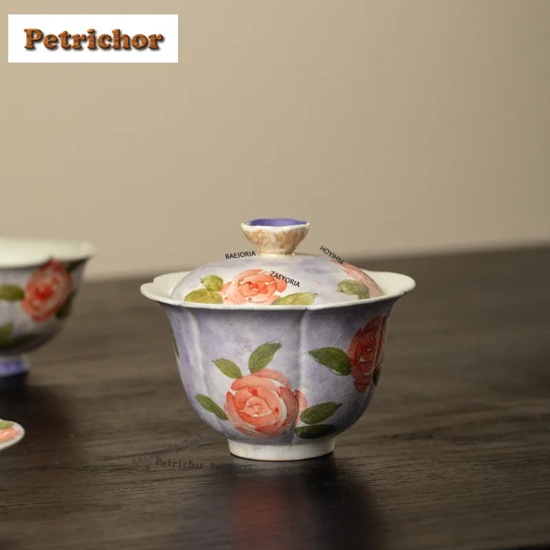 

120ml Hand-painted Rose Gaiwan Retro Not Hot Tea Tureen Tea Bowl With Lid Kit Tea Making Cover Bowl Tea Services Ornaments