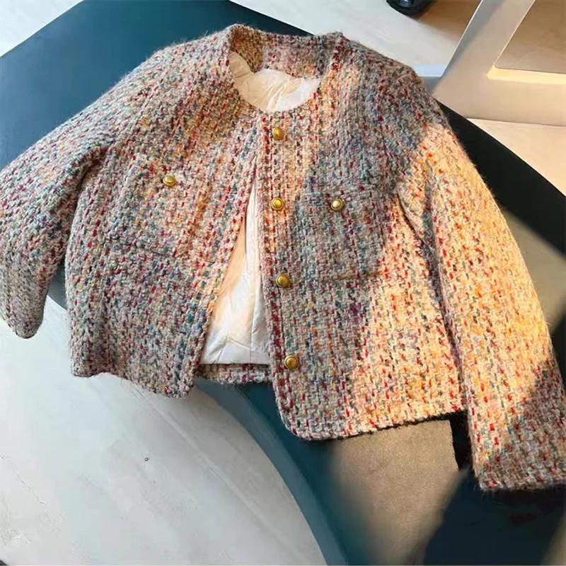 

Модные твидовые женские корейские элегантные пальто в цветную полоску в стиле Хепберн Y2k, осенние офисные женские универсальные укороченные верхняя одежда, новинка