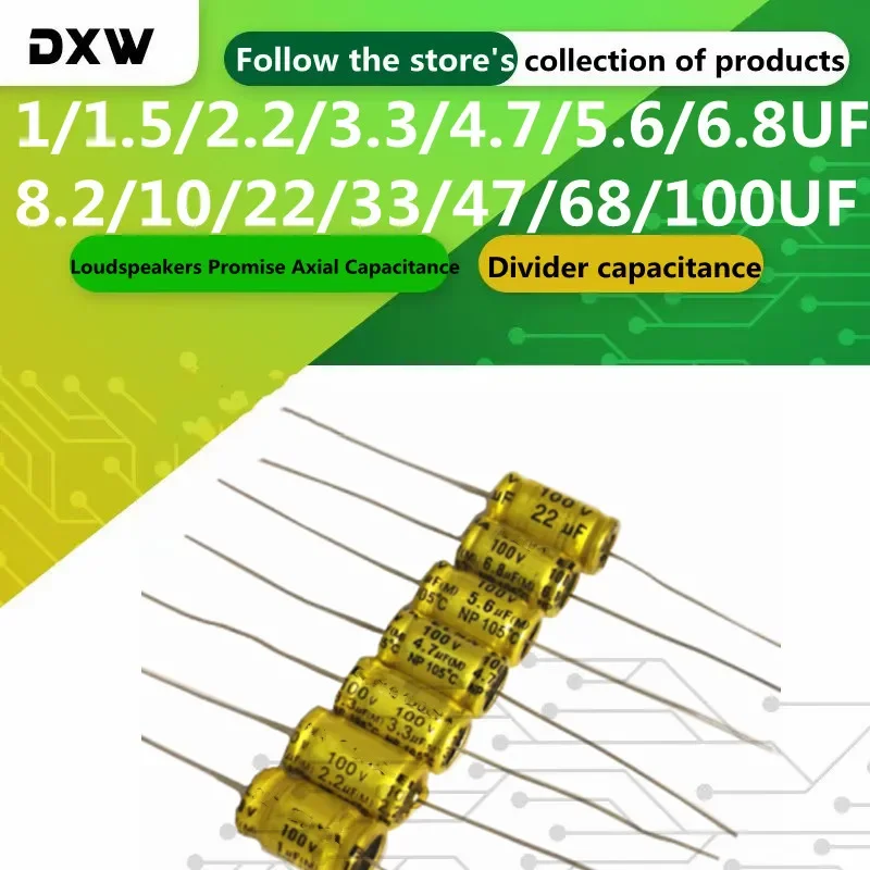 

5 шт. осевой горизонтальный конденсатор 1 1,5 2,2 3,3 4,7 5,6 6,8 8,2 10 22 33 47 68 100 мкФ 100 В осевая емкость