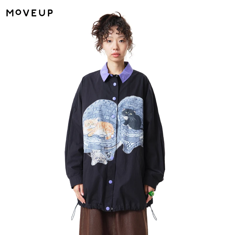 MOVEUP Women's Lapel Color Contrast Collar Coat 2026 Autumn Cat Print Drawstring Hem Coats Cotton Mid-Length Jacket 3ELQ20701