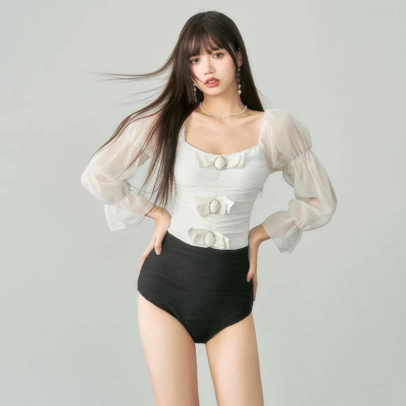 

Korean Swimsuit Ladies Black White Transparent Layer Swimwear Skirt Mesh Long Sleeve Bathing Suit One Piece Tankinis Summer