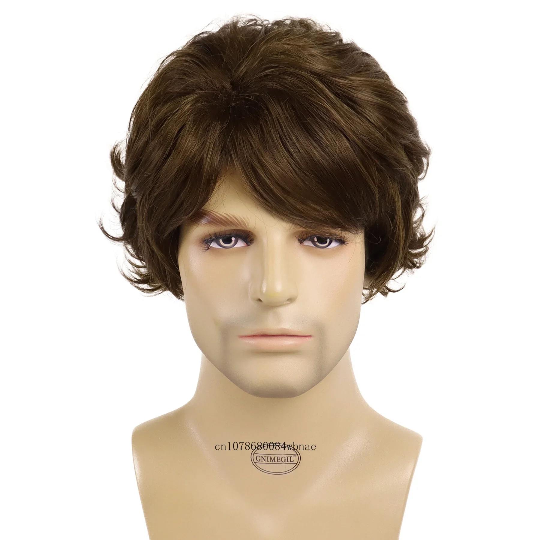 Short Brown Wigs Natural Synthetic Hair Fluffy Layered Curly Wig with Bangs for Men Male Halloween Cosplay Costume Daily Use