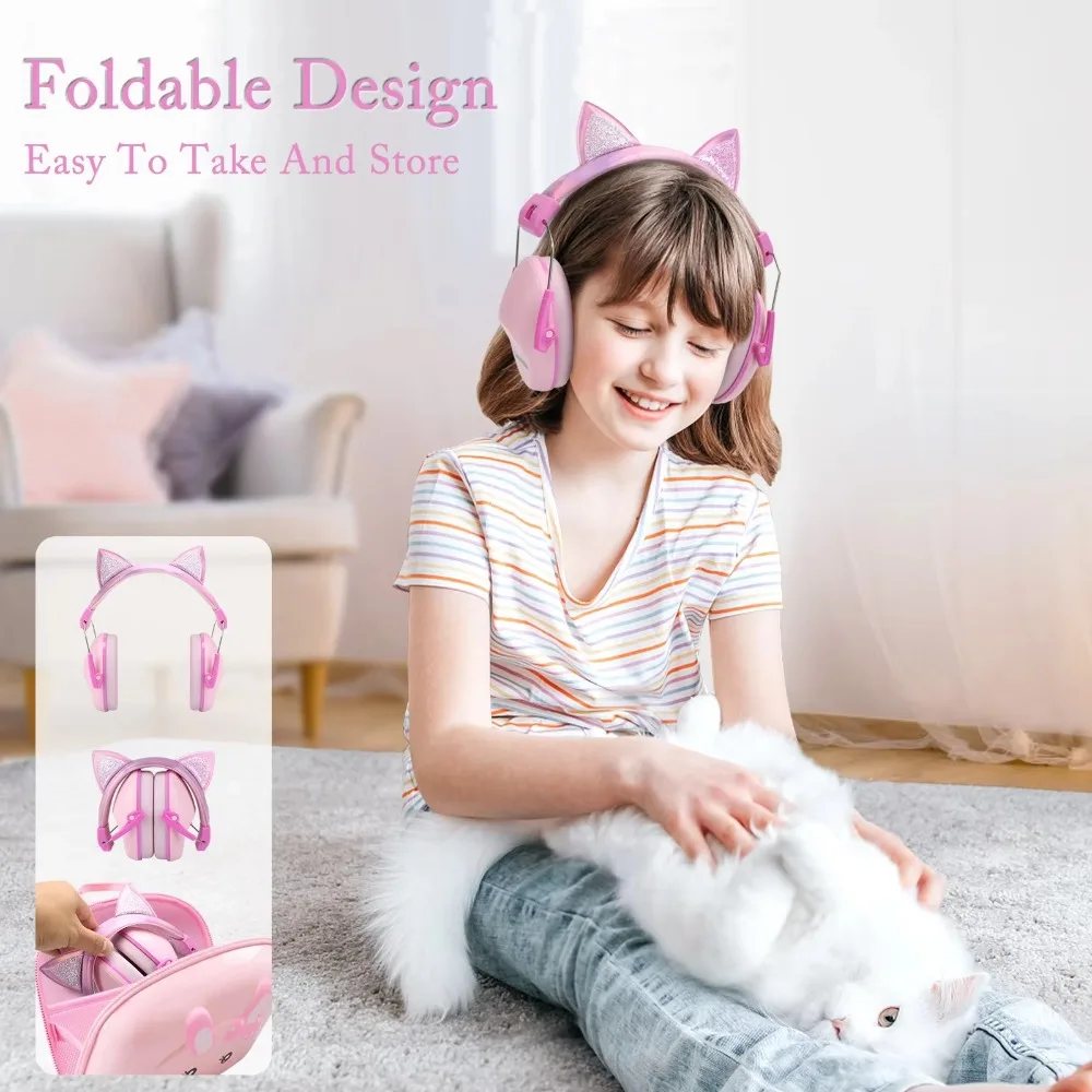 Pink Cat Ears Anti-Noise Earmuffs Noise Cancelling Kid Hearing Protection Ear Protector Adjustable Cartoon Noise Reduction Muffs