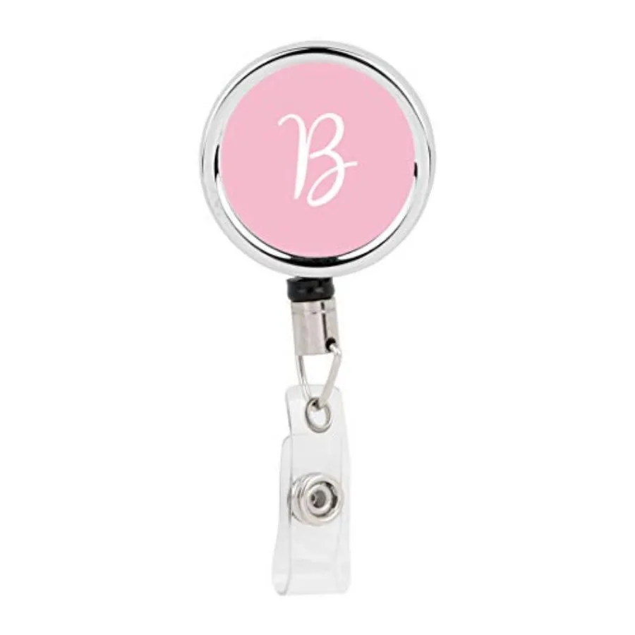 

Retractable Badge Reel Holder with Clip, Heavy Duty Metal Name Tag Retractable ID Key Belt Clip Pink Letter Monogram, Floral Mo