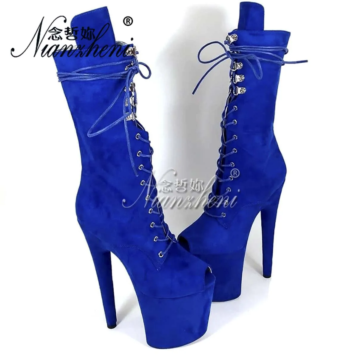 

Blue Flock Lace Up Women Pole Dance Gothic Ankle Boots 8Inch Nightclub Sexy Fetish Shoes Stripper Exotic 20cm Big Size Thin Heel