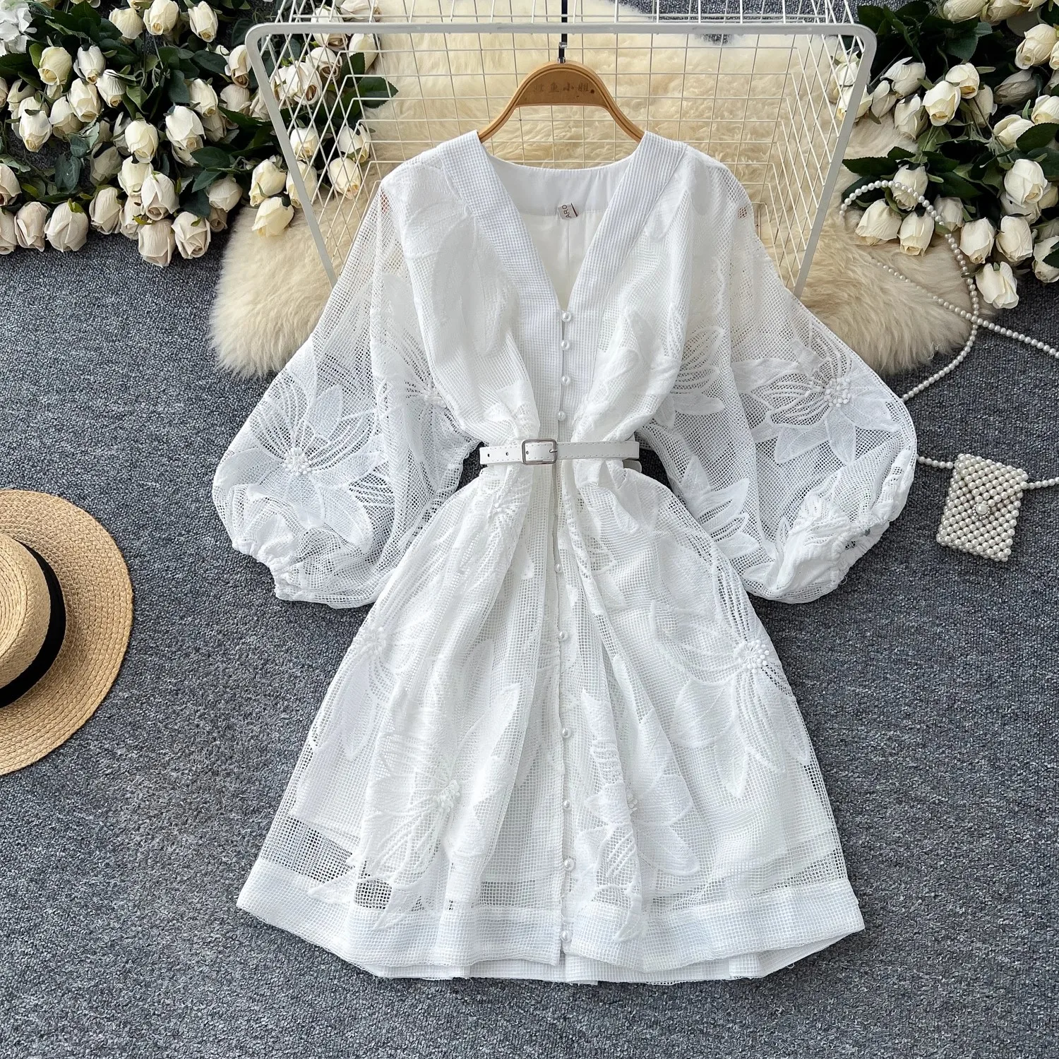 

Summer French Sweet V-neck Dress Women's Lantern Sleeves Embroidered Waist Single Breasted A-line Mini Elegant Party Dress