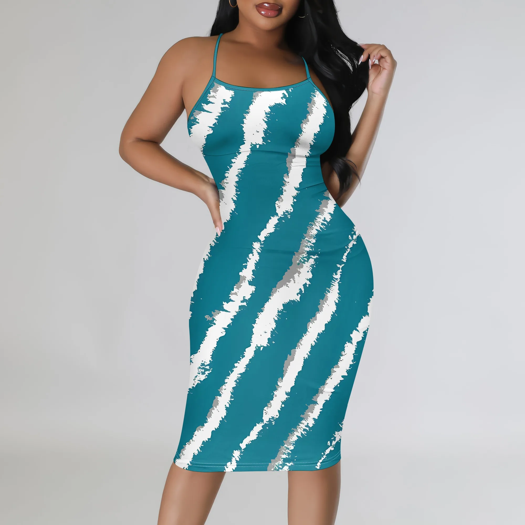 

Nupusa Striped Tie Dye Print Dress for Women Summer Casual Spaghetti Strap Bodycon Midi Dress
