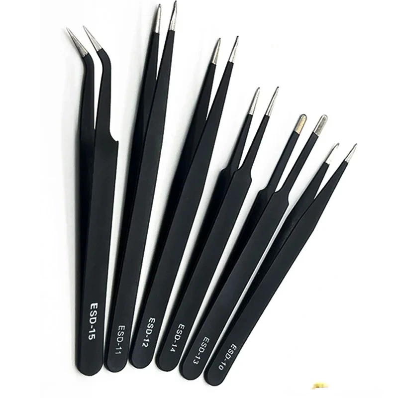 

Stainless Steel Tweezers Curved Straight ESD Anti-Static Tweezers Set Industrial Precision Picking Cotton Repair Hand Tools