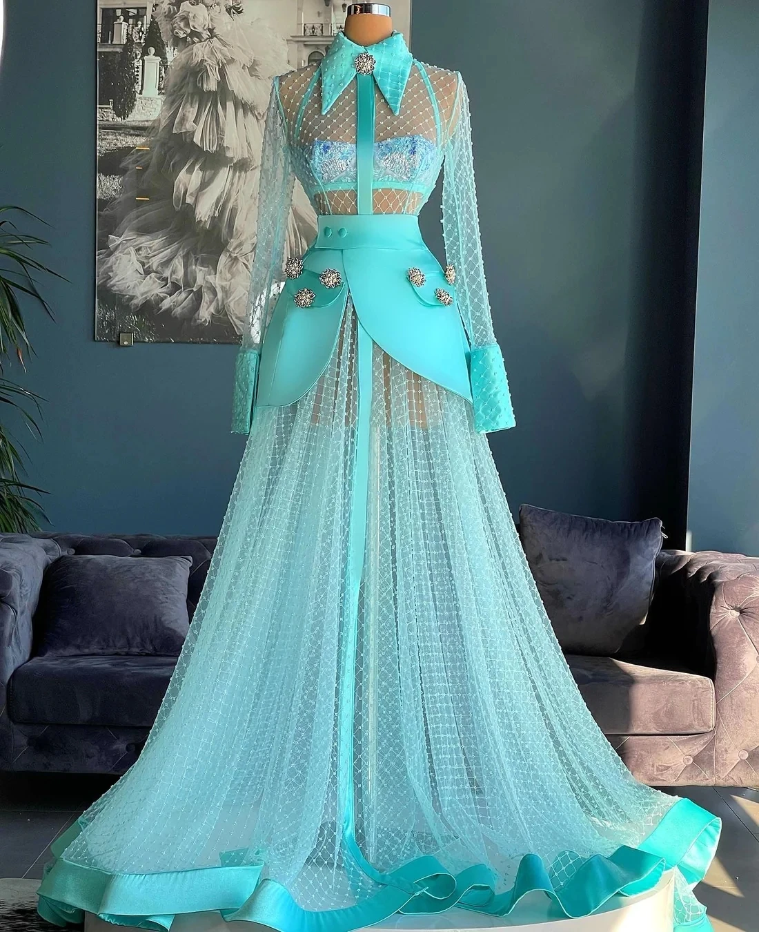 Turquoise Haute Couture Prom Dresses A-line Long Sleeves Tulle Pearls Saudi Arabia Dubai Robe De Soiree Evening Gown Customized