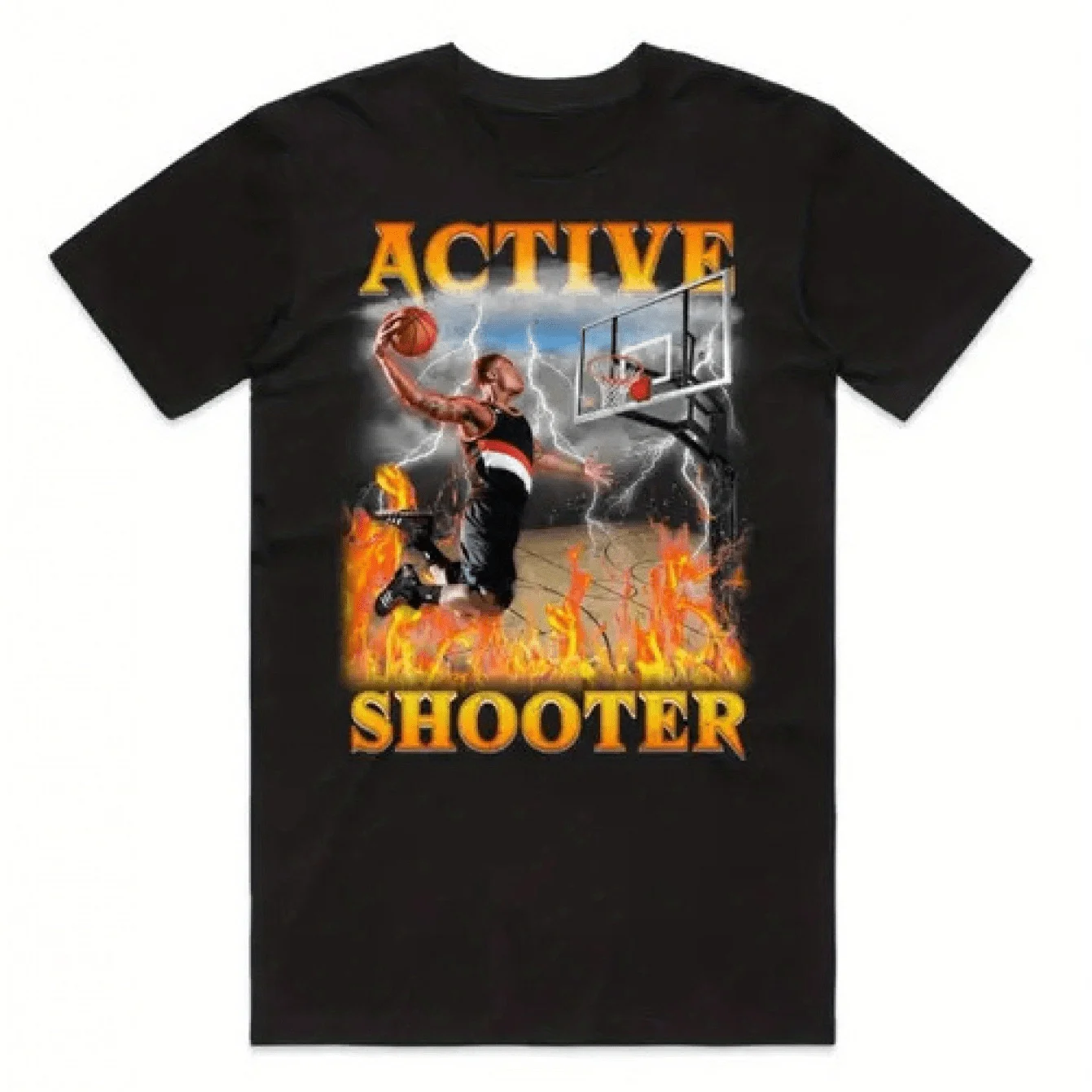 Black Short Sleeve Men's Graphic Tee ACTIVE SHOOTER Bold Print with Dynamic Dunking Player Intense Flames and Lightning Design,