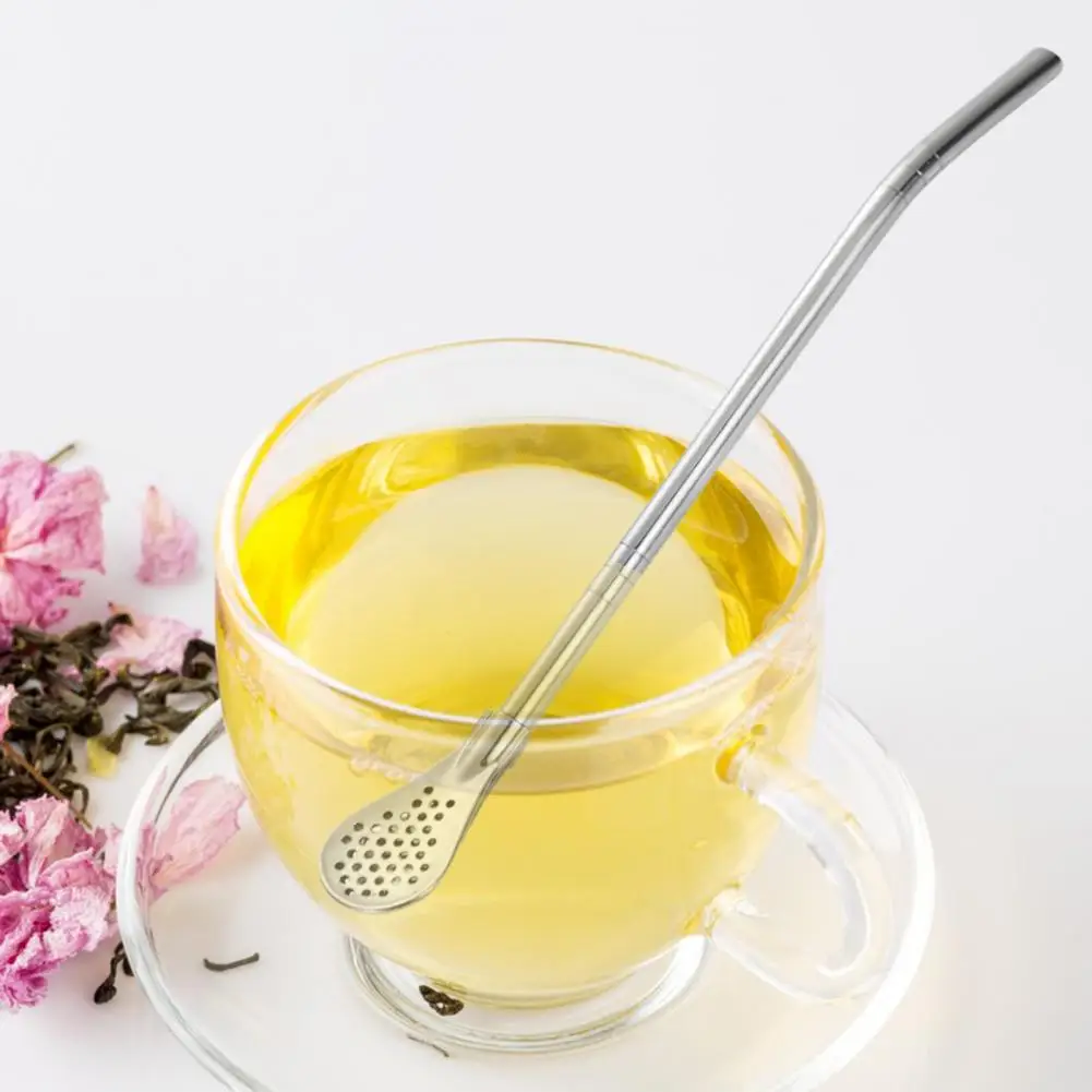 Stainless Steel Straw Healthy Tea Strainer Colorful Stainless Steel Tea Drinking Straws Spoon Filter with Brush Reusable Gourd