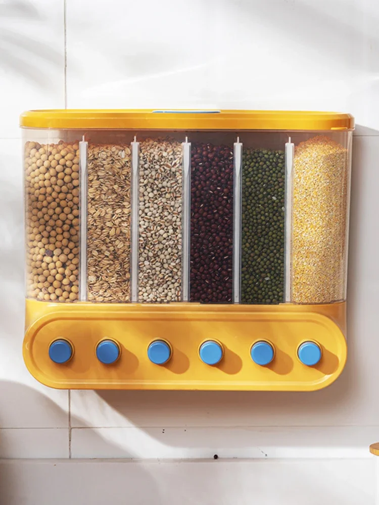 2/4/6 Grids Wall Mounted Cereal Dispenser Grain Rice Box Sealed Moisture-proof Food Container Space-saving Kitchen Storage Tank