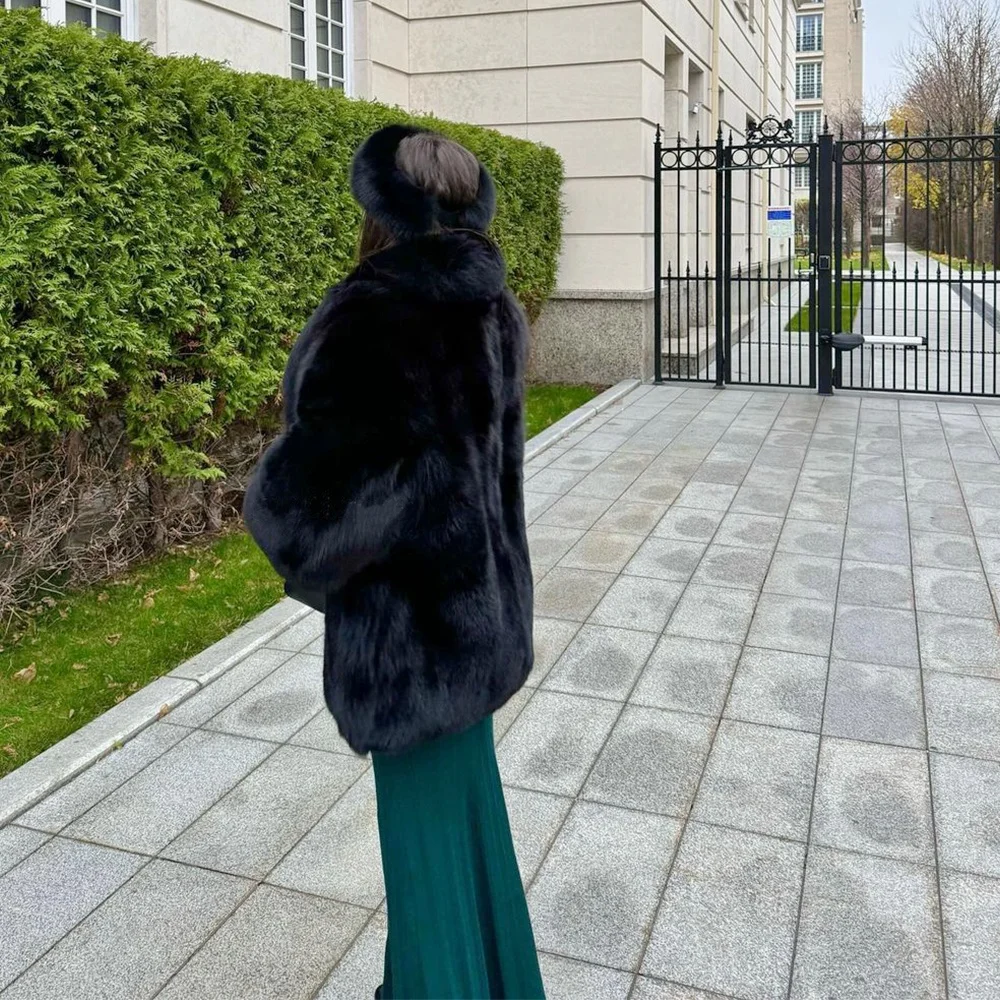 Luxury Black Full Pelt Genuine Fox Fur Coats Women Elegant Natural Fox Fur Mid-Length Thick Overcoats Warm Real Fur Outwear