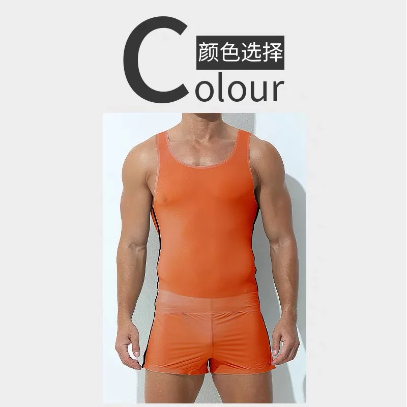 Fitness clothes, shorts, men\'s ultra-thin ice silk slightly transparent pants tank top shoulder running quick drying sports set