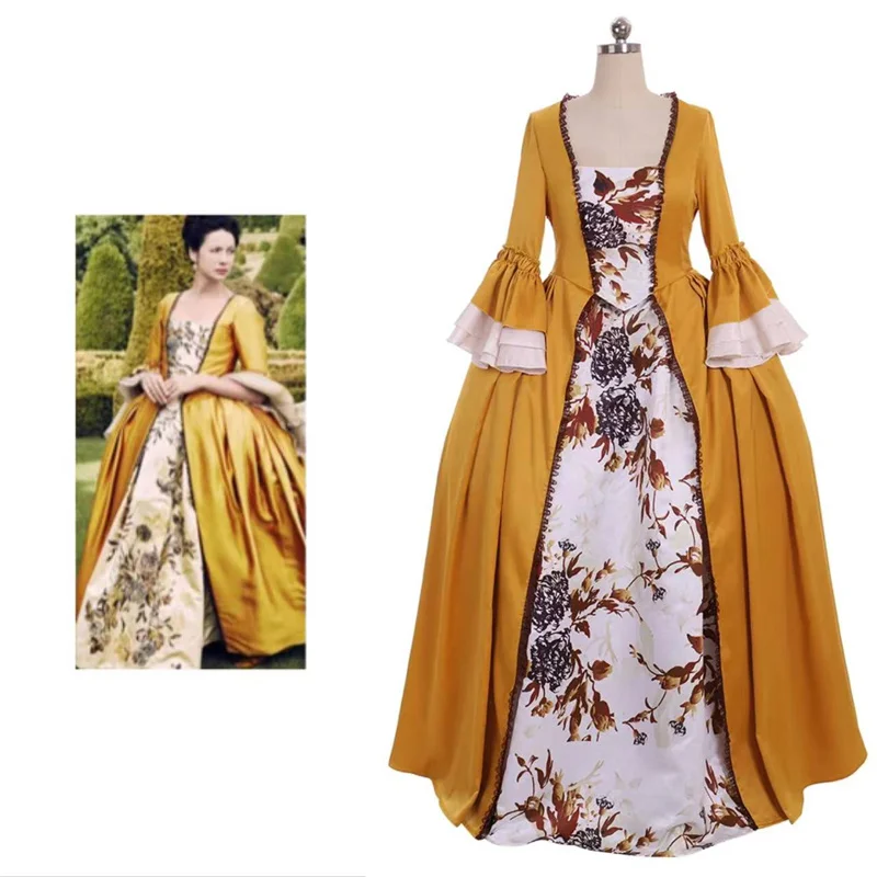 Outlander Claire Cosplay Costume Randall Tudor Marie Antoinette Rococo Baroque Victorian Ball Gown Women Yellow Dress