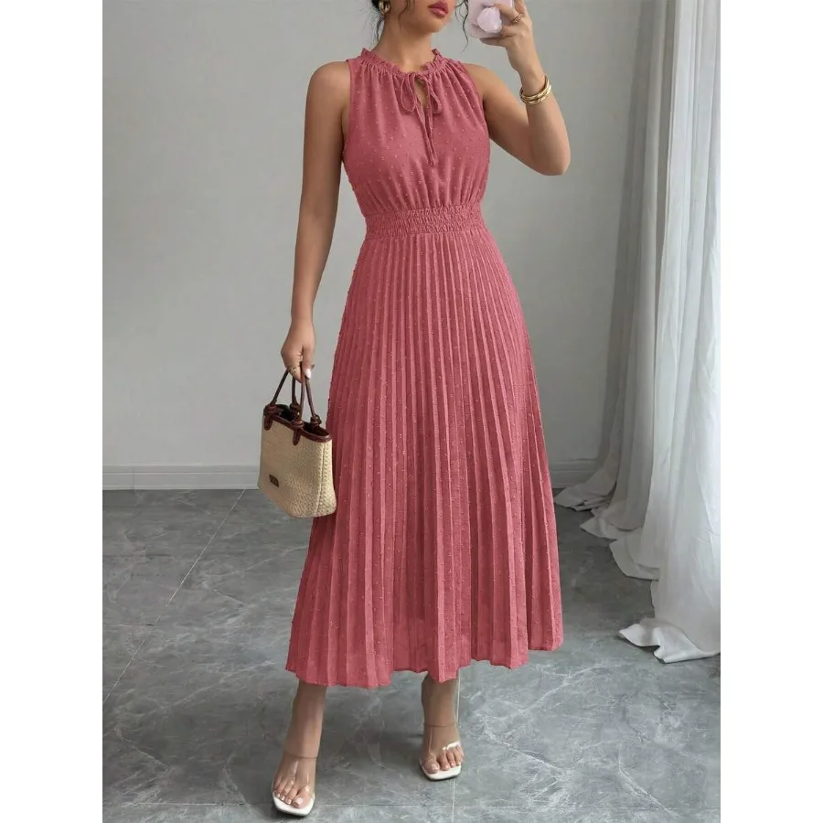 

【New style】Women's Mid-Length Summer Pleated Dress Casual V-Neck Swiss Polka Dot Peplum Sleeveless A-Line Beach Sundress