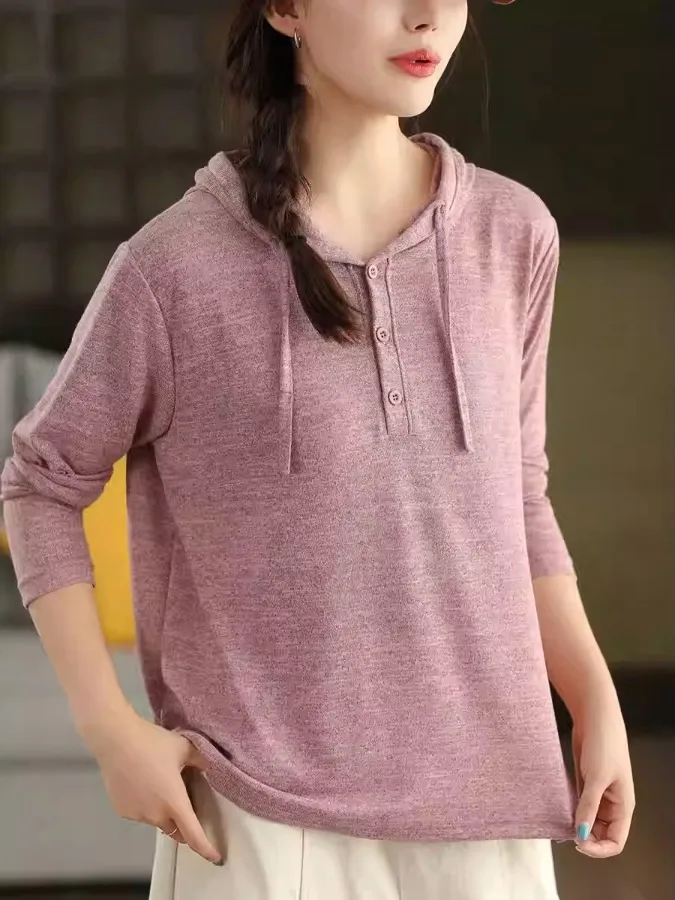 เสื้อไหมพรมทรงหลวม สีพื้น ใส่เป็นเสื้อตัวในได้ แขนยาว ผู้หญิง สวมใส่สบาย ระบายอากาศดี สำหรับฤดูใบไม้ร่วงและฤดูหนาว รุ่นใหม่