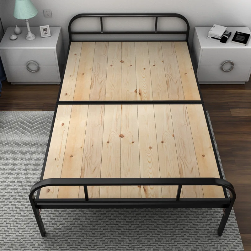 Simple household folding bed Office lunch break  Portable widened thickened rental house iron frame  Wooden bed