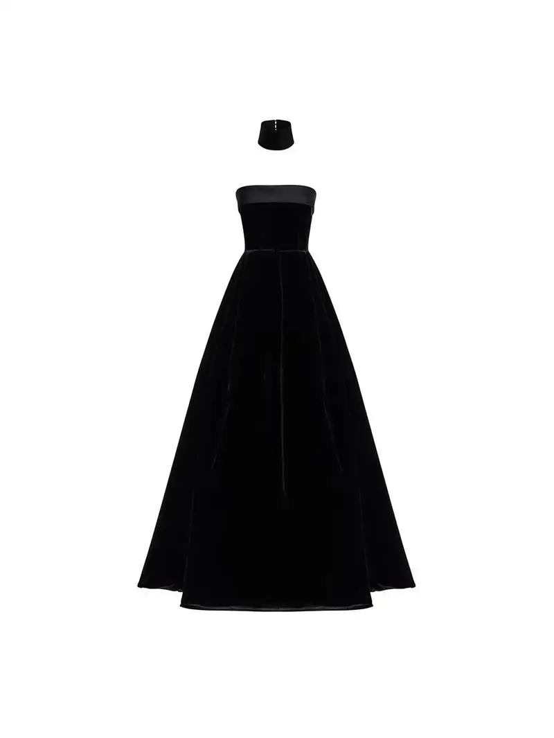 

Ele Long Velvet Evening Dr Bla Strapl Gown for Birthday Parties Performances Slimming A-Line Skirt Midi Dr