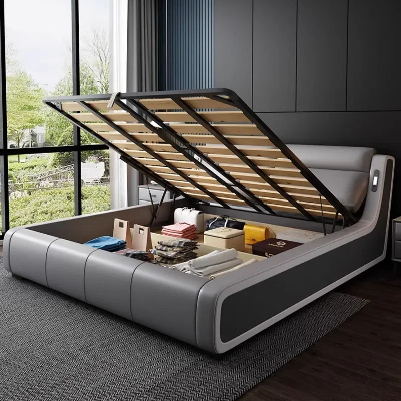 Bed Frame Elegant Storage Italian Leather Bed Double Organizer Cama Backyard Furniture