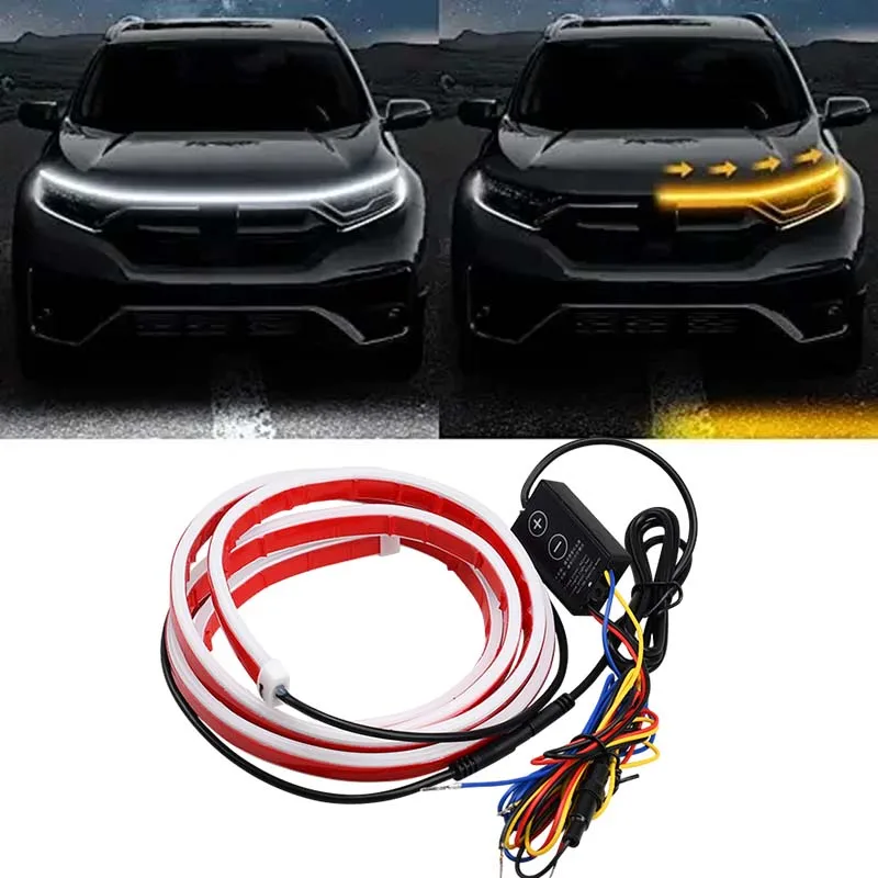 12V Yellow White Dynamic LED Daytime Running Light Strip For Car Universal Auto Headlight Strips Scan Car Hood Decorative Light