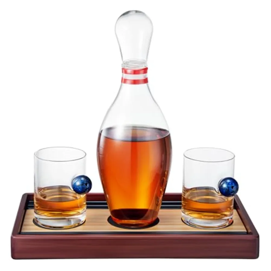

Bowling Pin Decanter Gift Set: whiskey wine decanters in bowling pin shape, walnut wood base, amber glass, elegant sports bar o