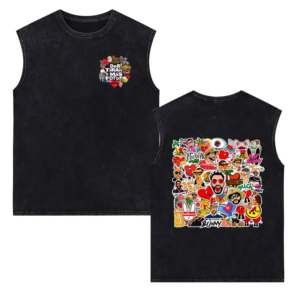 Rapper Bad Bunny Washed Tank Tops Debi Tirar Mas Fotos DTMF World Tour 2026 T-shirt Men Women Hip Hop Fashion Sleeveless Vest